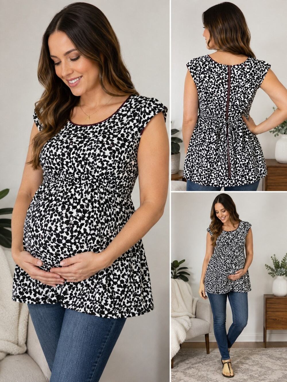 Motherhood Maternity Blouse Womens Large Black White Floral Tie Back Zip Top L